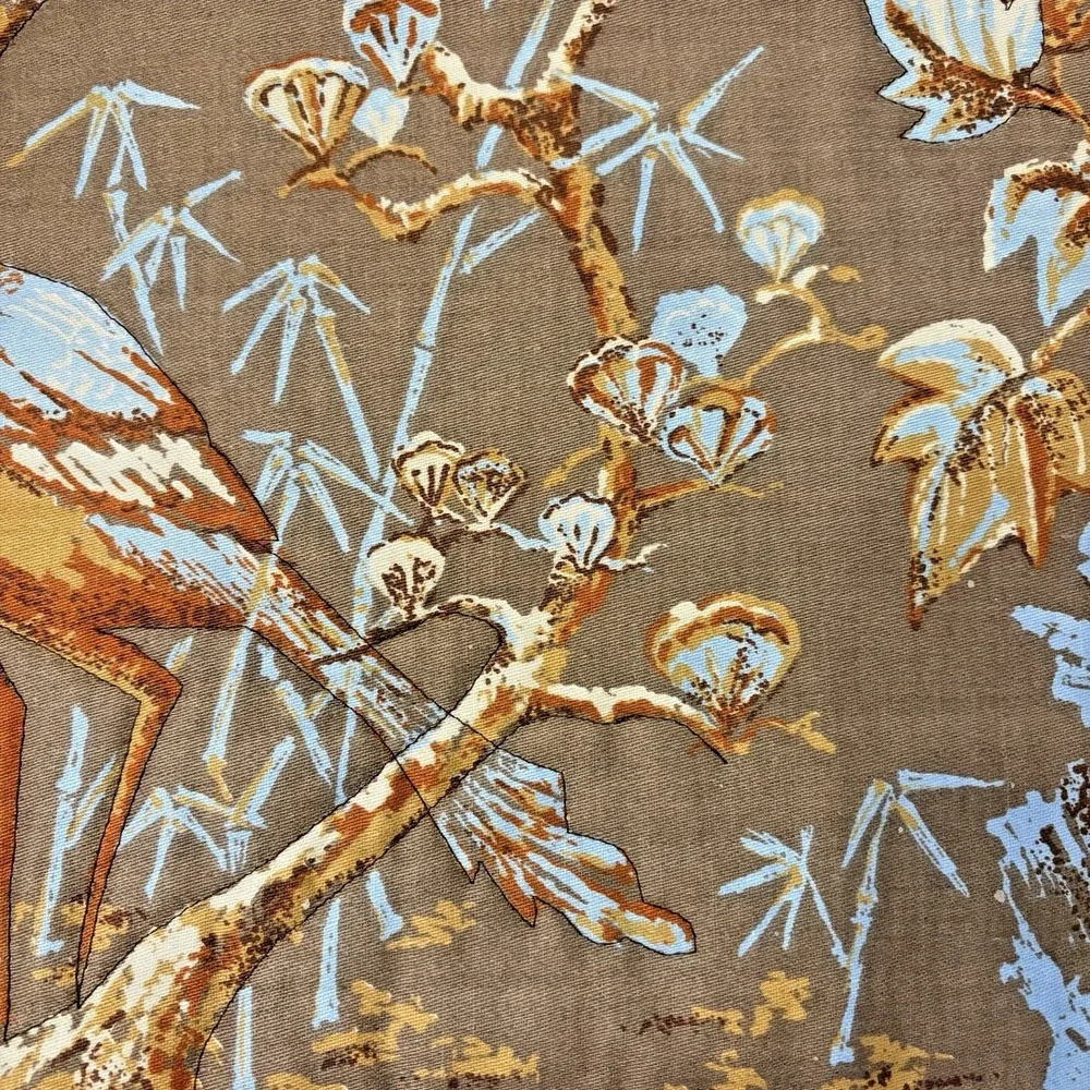 Vintage 70s Quilted Placemats Set of 7 Peacock Brown Asian Chinoiserie Fabric
